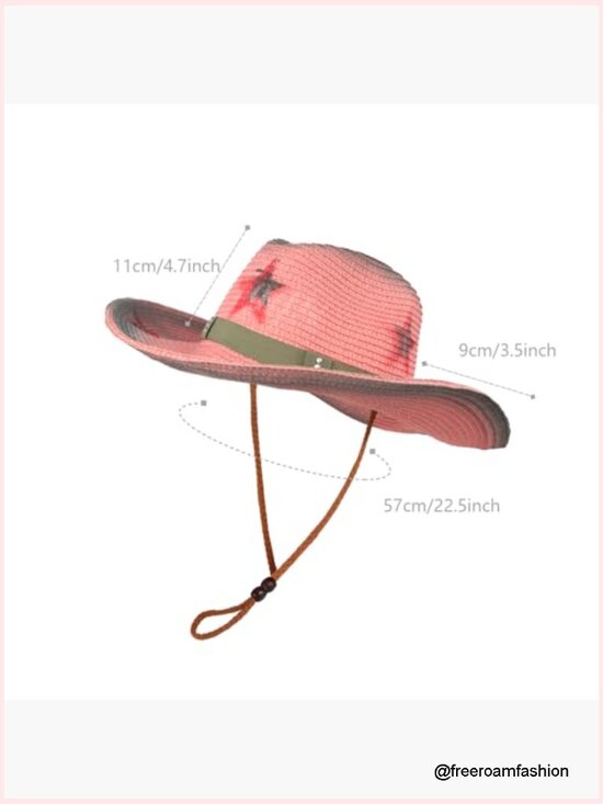 Pink Straw Cowboy Hat with Star Print, Shapeable Brim, Adjustable Chin Cord
